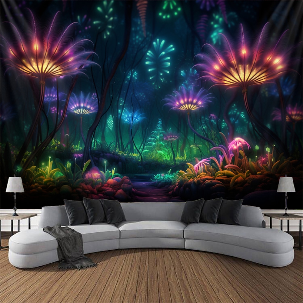 Schwarzlicht Wandteppich UV reaktiv im Dunkeln leuchtende Party gruselige Blumen trippige neblige Naturlandschaft hängender Wandteppich Wandbild für Wohnzimmer Schlafzimmer Lightinthebox