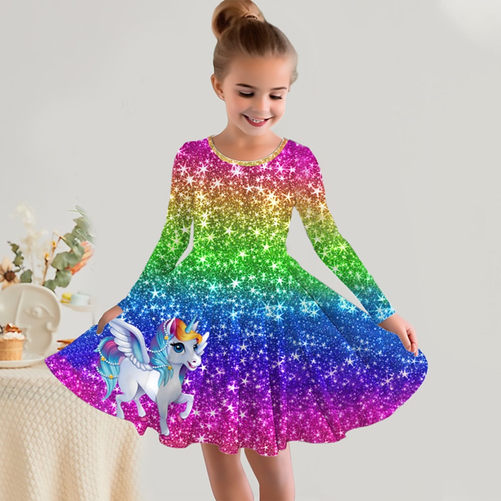 Mädchen' 3D Regenbogen Einhorn Kleid Langarm 3D-Druck Herbst Winter Urlaub Sport Natur Täglich Kuschelig Brautkleider schlicht Schön kinderkleidung 3-12 Jahre Casual kleid A Linie Kleid Übers Knie Lightinthebox