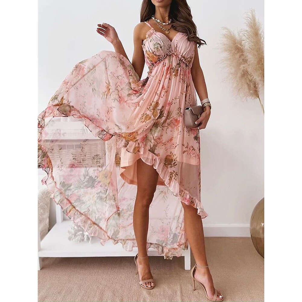 Trägerloses Kleid für Damen, Blumendruck, hoher Saum, elastisches Mieder, errötendes Rosa, fließend, romantisch, Frühling, Sommer, Gartenparty, Strand, Hochzeit, Größen verfügbar Lightinthebox