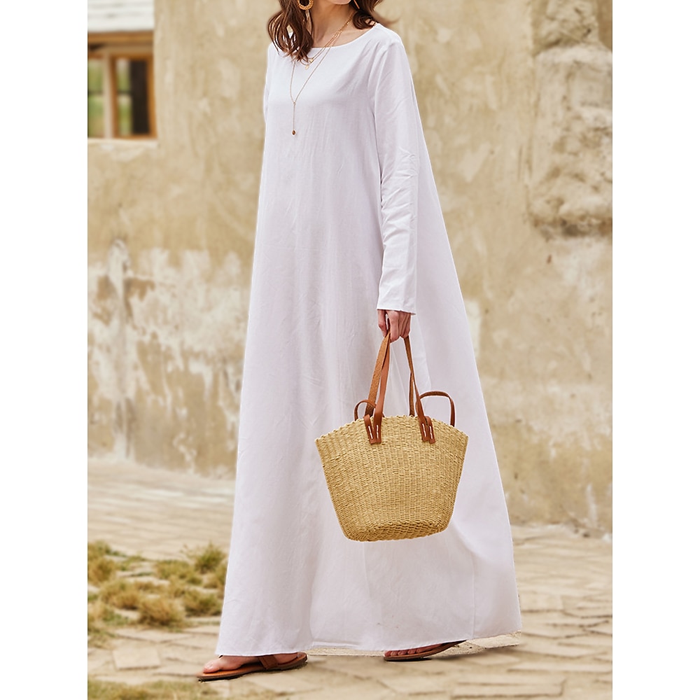 Damen Weißes Kleid kleid lang Leinen Tasche Urlaub Strand Maxi Basic Rundhalsausschnitt Langarm Weiß Farbe Lightinthebox