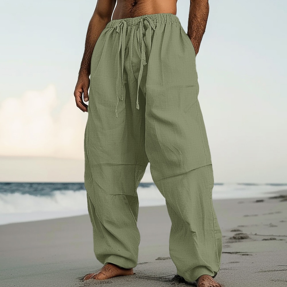 Herren Leinenhose Hose Hosen Sommerhosen Strandhose Kordelzug Elastische Taille Falten Glatt Komfort Atmungsaktiv Casual Täglich Festtage Modisch Klassicher Stil Schwarz Weiß Lightinthebox