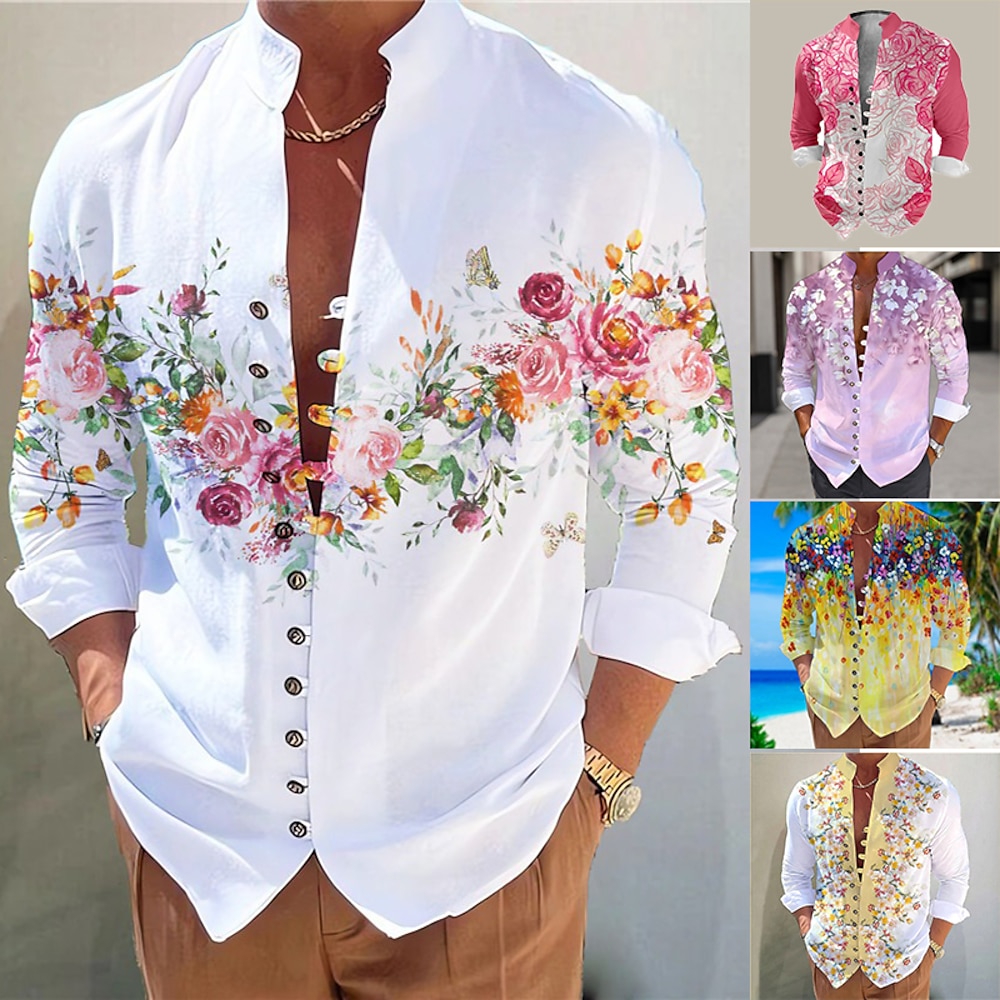 Herren Blumen Hemd leinenhemd Langarm Brautkleider schlicht Freizeitskleidung Ausgehen Wochenende Frühling Stehkragen Bedruckt Button-Down Weiß 1 Gelb Purpur Rosenrot Weiß 2 Lightinthebox