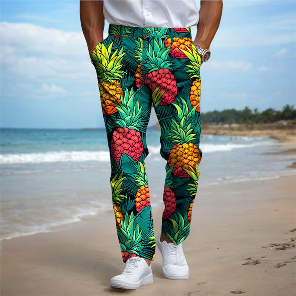 Ananas-Urlaub, Hawaii-Herren-Resort, 3D-bedruckte Anzughose, flache Vorderseite, gerades Bein, Polyester-Hose mit mittlerer Taille, Outdoor-Urlaub, Urlaub, Alltagskleidung, S bis 3XL Lightinthebox