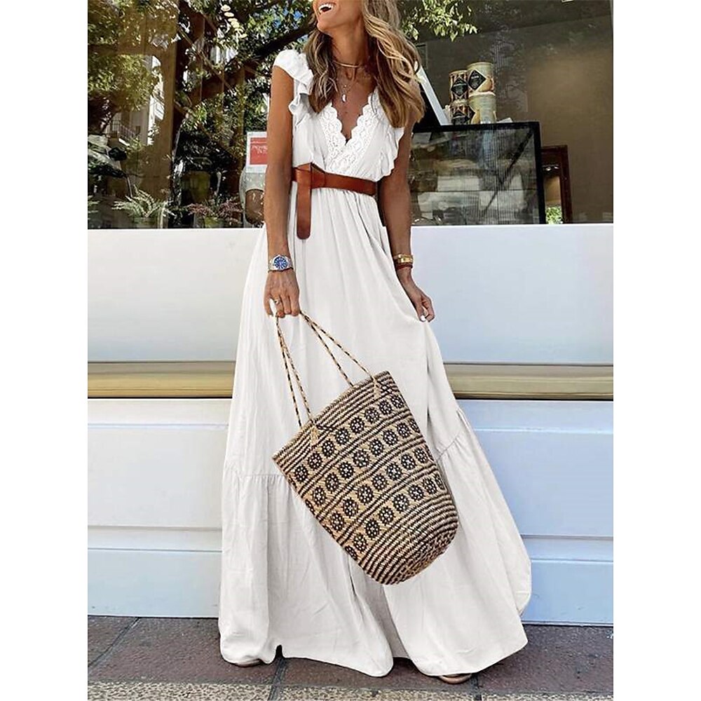 Damen Langes Kleid Maxikleid Weißes Kleid Freizeitkleid Weißes Spitzenhochzeitskleid Boho-Kleid Streetwear Maxi A-Linie Straße Ferien Date Normale Passform Ärmellos V Ausschnitt Schwarz Weiß Khaki Lightinthebox