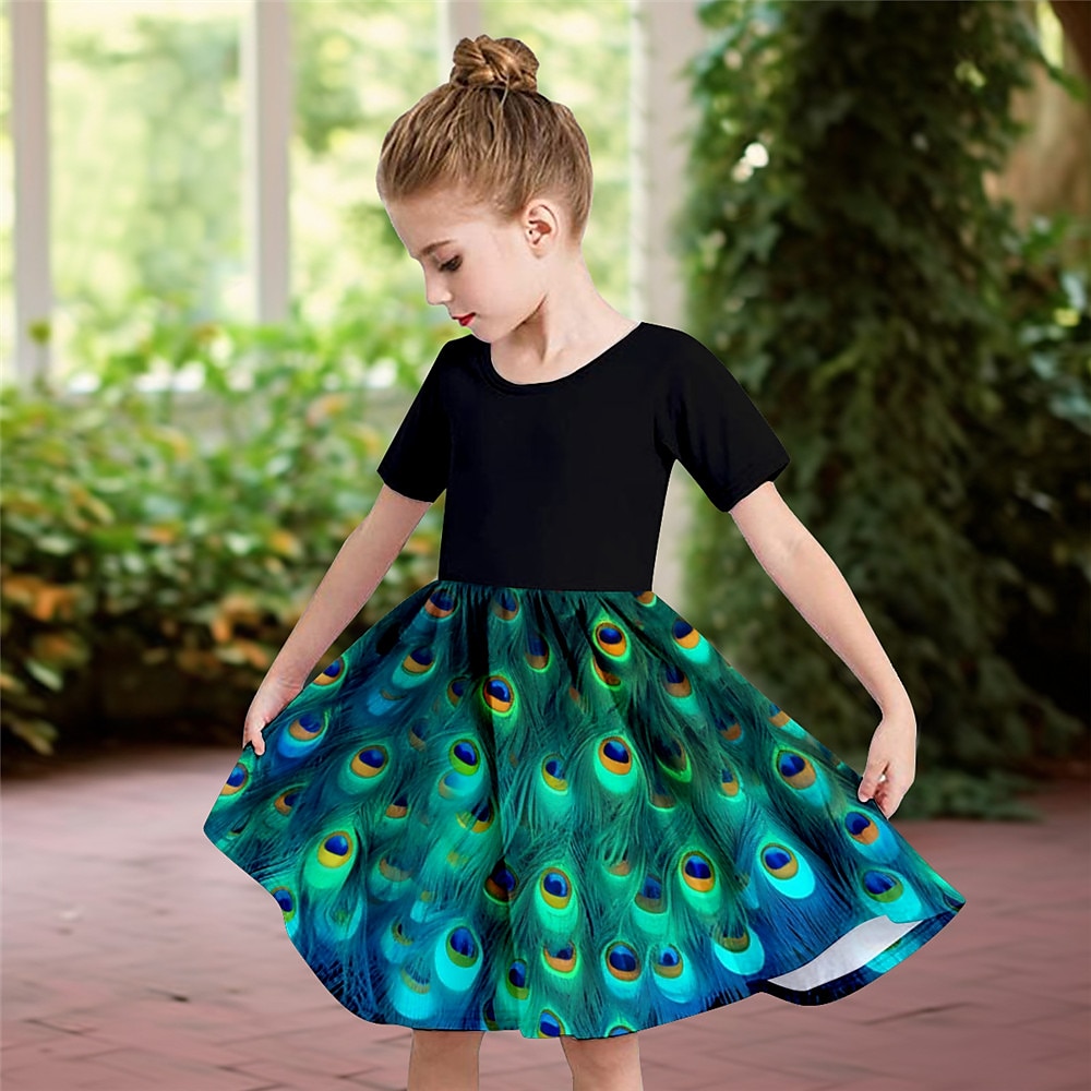 Mädchen' 3D Pfau Kleid Kurzarm 3D-Druck Sommer Täglich Festtage Brautkleider schlicht Schön kinderkleidung 3-12 Jahre Casual kleid Skater-Kleid Übers Knie Regular Fit Lightinthebox