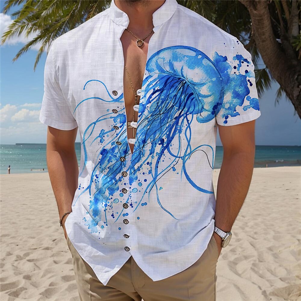 Herren Tropisch Quallen Hawaiihemd Sommerhemd Aloha-Shirt Bedruckte Hemden Kurze Ärmel Hemd Stehkragen Hawaiianisch Resort Urlaub Festtage Freizeitskleidung Blau Purpur Orange S M L Lightinthebox
