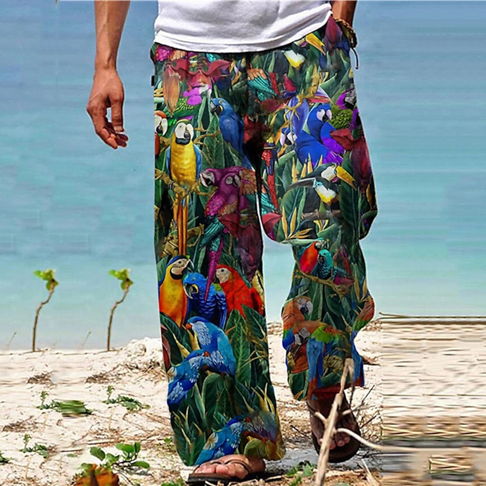 Parrot Tropical Hawaiian Herren Resort 3D-gedruckte Freizeithose, lockere Passform, gerades Bein, elastische Taille, Kordelzug, Polyester, Aloha Hawaiian Sommer-Strandhose, S bis 3XL Lightinthebox