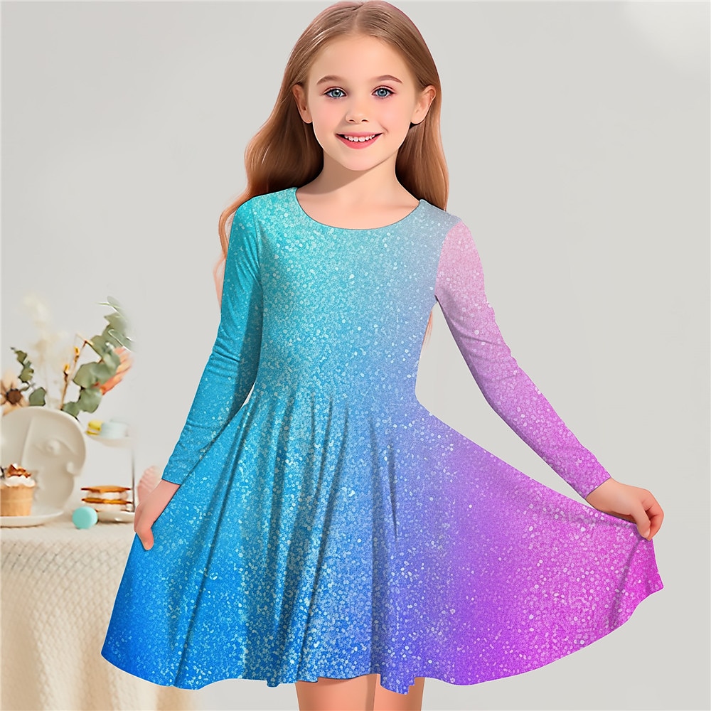 3D-Farbkleid für Mädchen, langärmelig, 3D-Druck, Frühling, Herbst, Sport Outdoor, Alltag, Urlaub, süß, lässig, schön, für Kinder von 3-12 Jahren, lässiges Kleid, A-Linien-Kleid, oberhalb des Knies, Lightinthebox