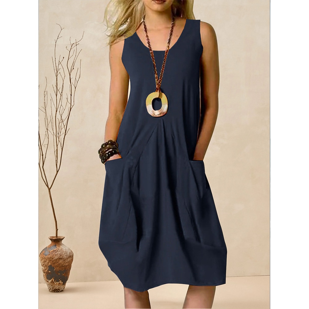 Damen Casual kleid Sommerkleid aus Baumwolle Midikleid Baumwollmischung Leinen Tasche Basic Klassisch Täglich U-Ausschnitt Ärmellos Sommer Frühling Armeegrün Marineblau Einfarbig Lightinthebox