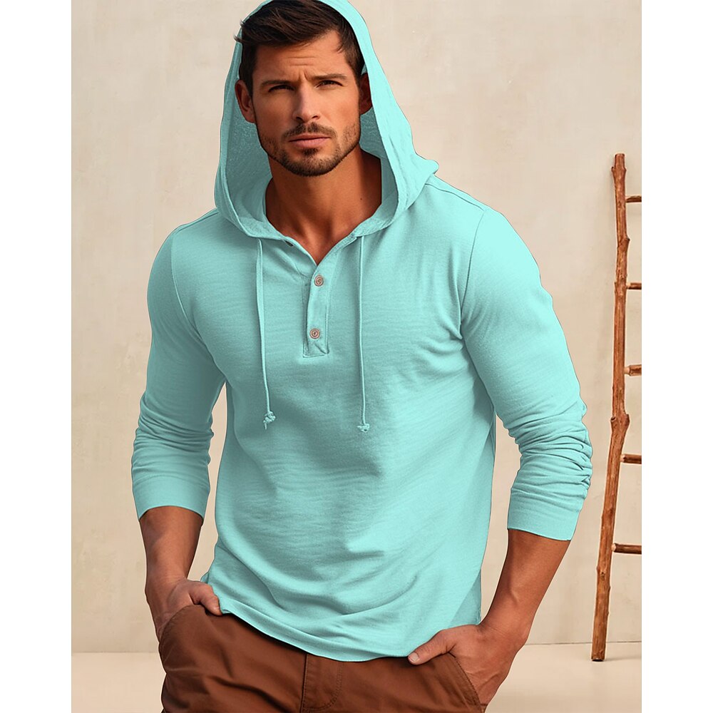 Herren Hemd Hemd aus Baumwollleinen Glatt Urlaub Casual Schwarz Weiß Marineblau Blau Langarm Mit Kapuze Frühling Herbst Bekleidung Knopf Lightinthebox