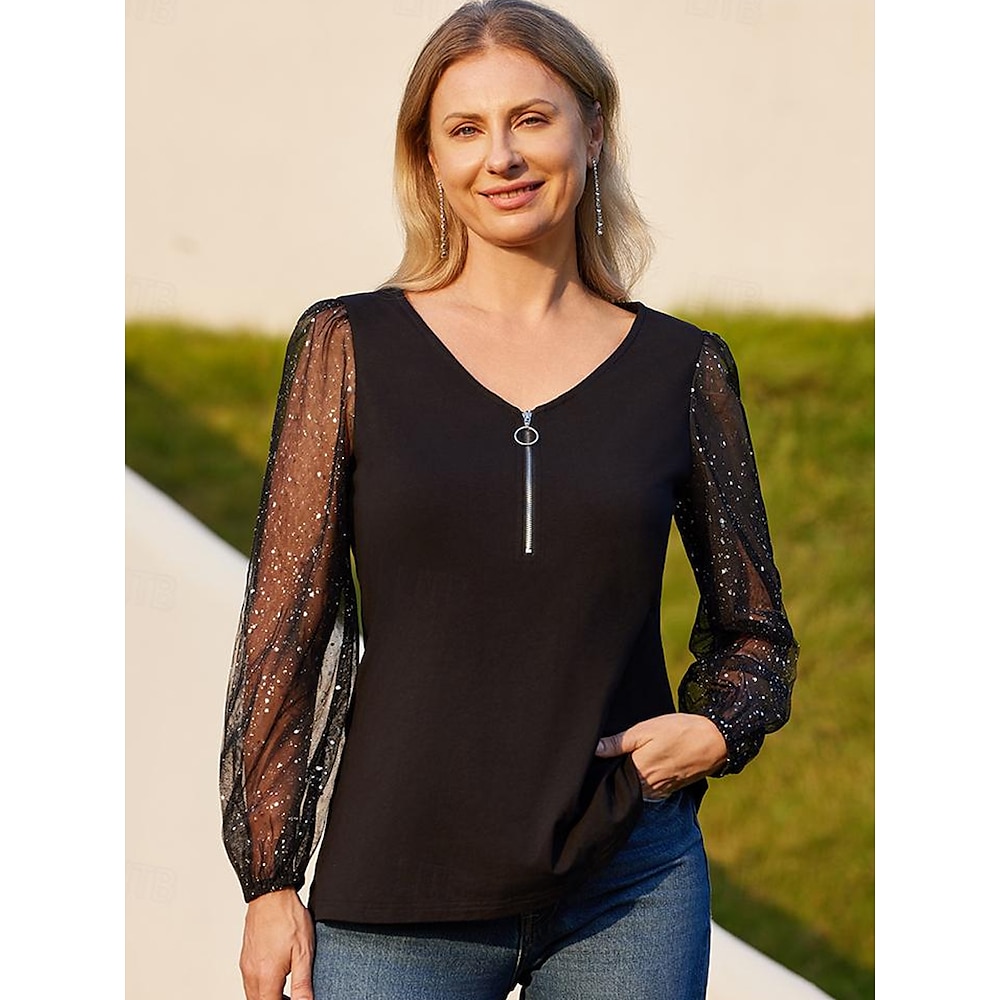 Damen Bluse Funkelnd Modisch Langarm Laternenärmel V Ausschnitt Normale Oberteile Party Casual Gitter Patchwork Viertel Postleitzahl Schwarz Frühling Herbst Lightinthebox