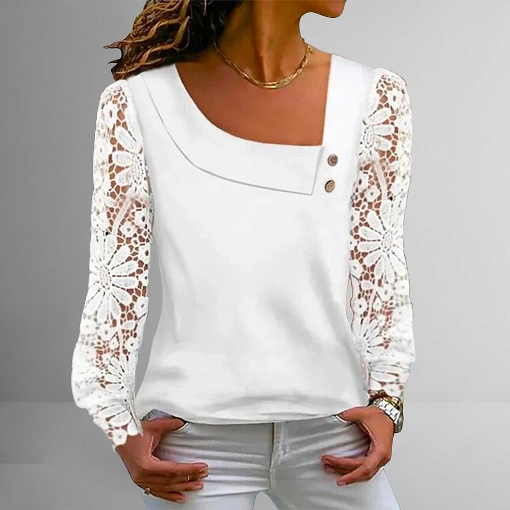 Damen Hemd Spitzenhemd Bluse Öse oben Glatt Elegant Modisch Basic Langarm V Ausschnitt Normale Oberteile Casual Spitze Knopf Weiß Frühling Herbst Lightinthebox