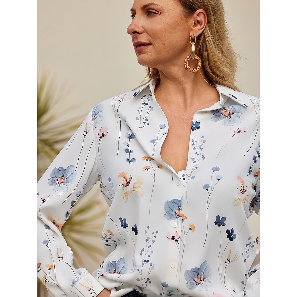 Damen Hemd Bluse Blumen Taste Bedruckt Casual Festtage Täglich Basic Langarm Hemdkragen Weiß Herbst Winter Lightinthebox