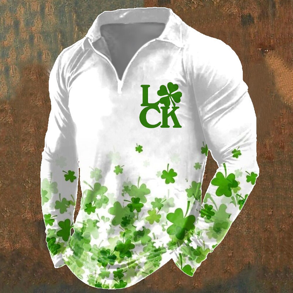 St. Patrick Herren Vierblättriges Kleeblatt St. Patrick Day Polo Poloshirts Zip Polo Langarm Polo-Shirts Umlegekragen Zip Brautkleider schlicht Outdoor St.Patrick's Day Casual Strassenmode 3D Bedruckt Lightinthebox