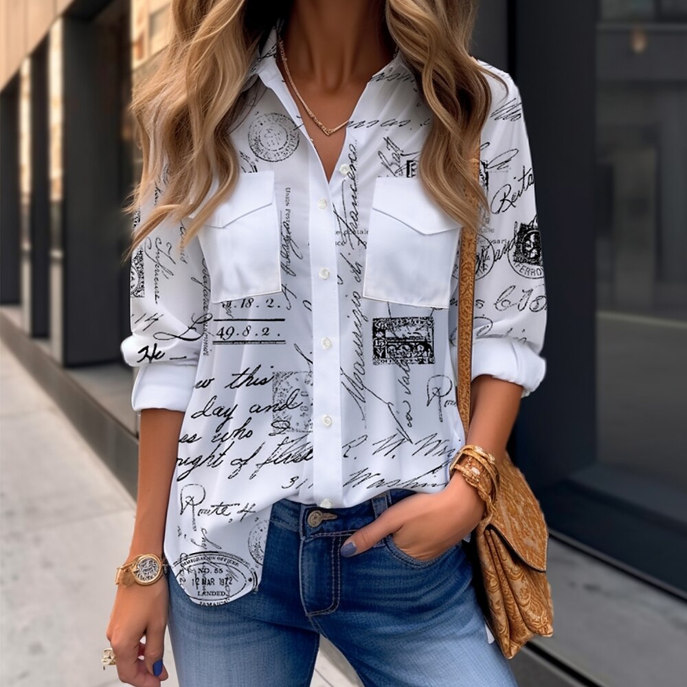 Damen Hemd Bluse Geometrisch Taste Bedruckt Casual Täglich Basic Langarm Hemdkragen Weiß Herbst Winter Lightinthebox