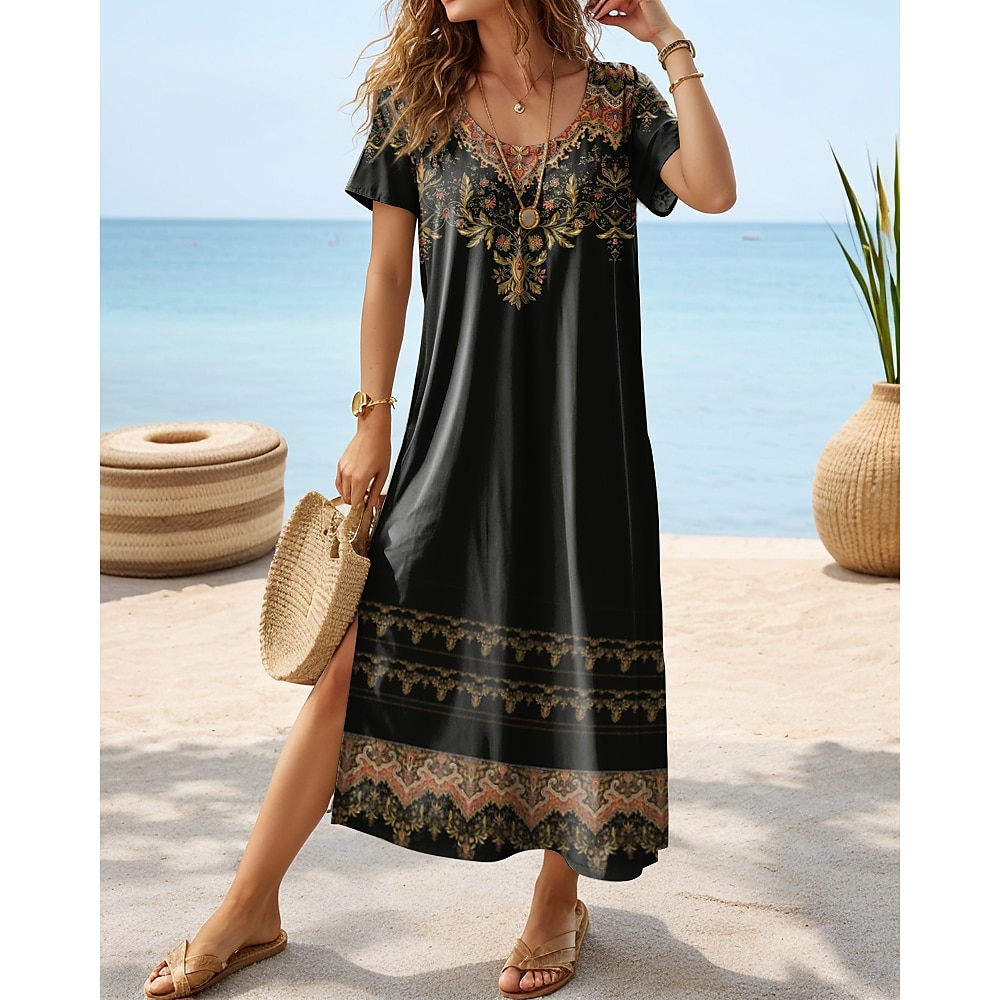 Damen kleid lang Casual kleid Maxidress Sweatkleid Sommerkleid Böhmen Verabredung Regular Fit Geometrisch Kurzarm Rundhalsausschnitt Schwarz Dunkelgray Sommer Lightinthebox