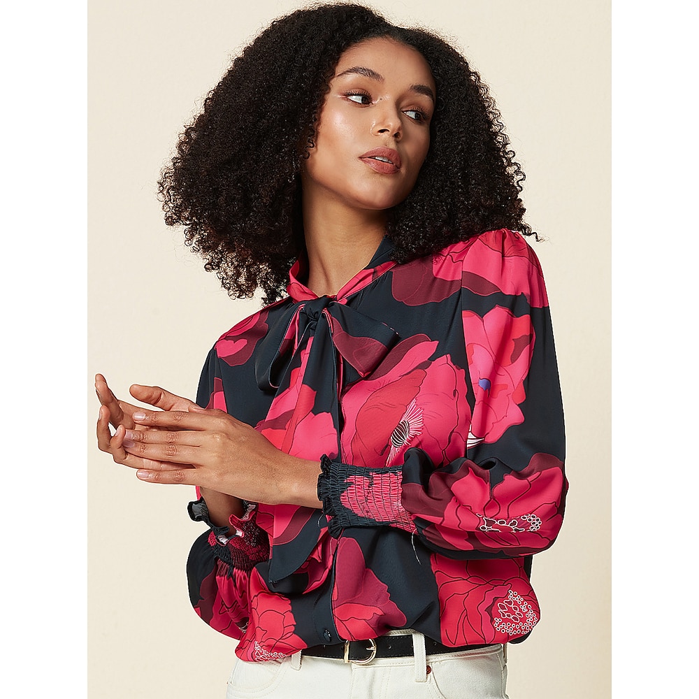 Damen Bluse damas Modern Reifen Blumen Normale Oberteile Langarm Laternenärmel Krawattenhals Rüsche Lockere Passform Valentinstag Neujahr Arbeit Fuchsie Winter Frühling Herbst Lightinthebox