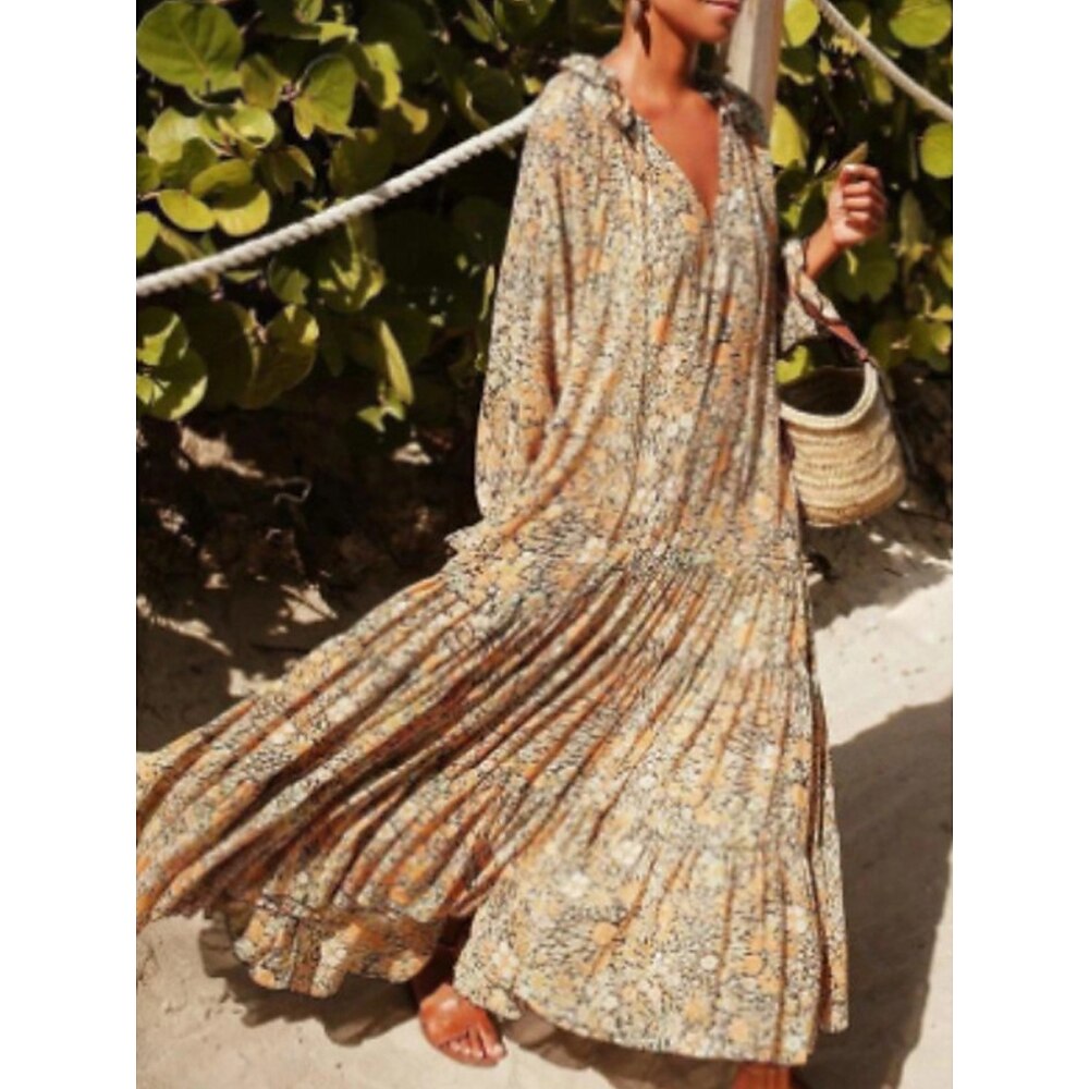 Damen Casual kleid Langärmliges Boho-Kleid Sommerkleid Böhmen Maxi Urlaub Strasse Festtage Regular Fit Blumen Gespaltener Hals Khaki Sommer Lightinthebox