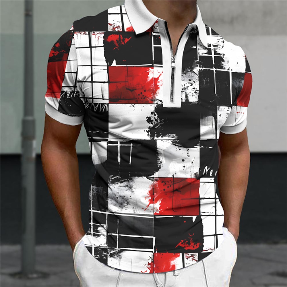 Herren Plaid Poloshirts mit Reißverschluss Golfhemd Kurzarm Polo-Shirts Hemden mit Kragen Vintage Brautkleider schlicht Urlaubskleidung Abendgarderobe Festivalkleidung 3D-Druck Polo mit Lightinthebox