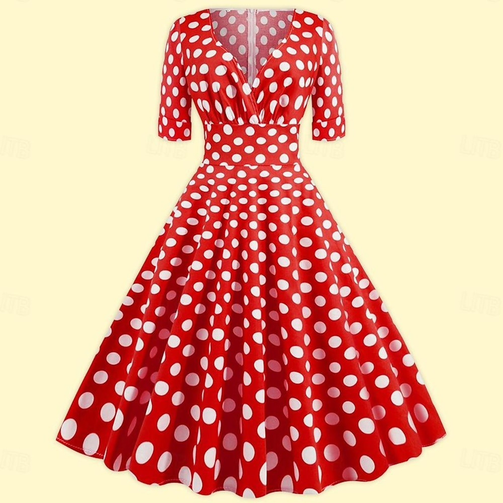 50er Polka Dots A-Linie Kleid Baumwolle Swingkleid Schlagkleid Retro Vintage 1950er Jahre Damenkostüm 3/4 Ärmel Midikleid Lightinthebox