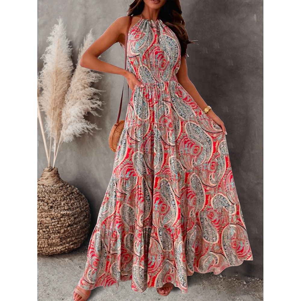 Damen Casual kleid Boho Chic Kleider Böhmen Strassenmode A-Linie Blumen Paisley-Muster kleid lang Ärmellos Halfterhals Rückenfrei Bedruckt Regular Fit Urlaub Strasse Festtage Rote Blau Sommer Lightinthebox