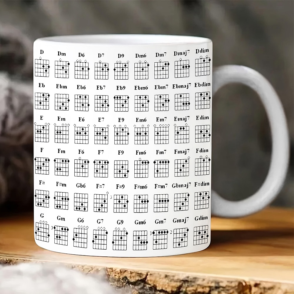 Gitarrenakkord-Tasse, 400 ml, Tasse mit Akkord, weiße Keramik-Kaffeetasse mit Gitarristen-Design, perfektes Geschenk für Anfänger-Gitarren-Enthusiasten, ideal für Musikliebhaber zu Hause oder im Büro Lightinthebox