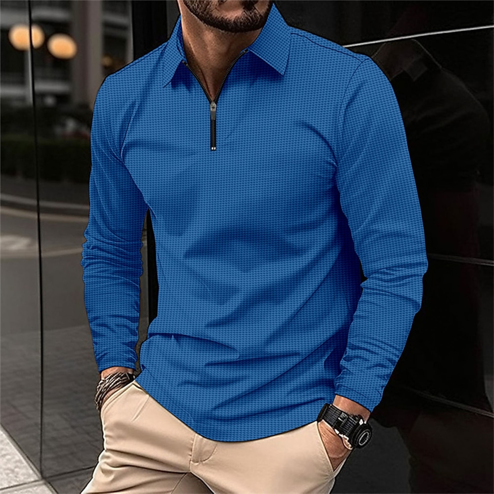 Herren Waffel-Poloshirt Poloshirt mit Viertelreißverschluss Täglich Festtage Umlegekragen Langarm Modisch Modern Glatt Textur Frühling Herbst Regular Fit Schwarz Weiß Blau Braun Grün Khaki Lightinthebox