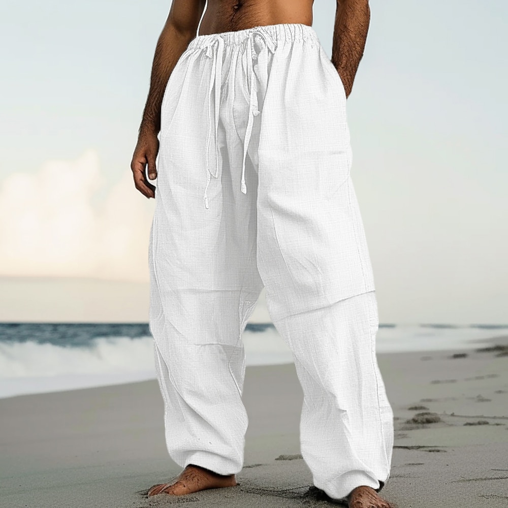 Herren Leinenhose Hose Hosen Sommerhosen Strandhose Kordelzug Elastische Taille Falten Glatt Komfort Atmungsaktiv Casual Täglich Festtage Modisch Klassicher Stil Schwarz Weiß Lightinthebox