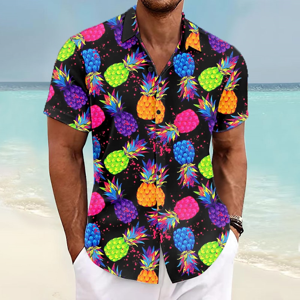 Herren Ananas Hemd Hawaiihemd Sommerhemd Aloha-Shirt Kurzarm Hemd Umlegekragen Urlaub Hawaiianisch Outdoor Urlaub Hawaiianisch Blau Purpur Fuchsie S M L Lightinthebox