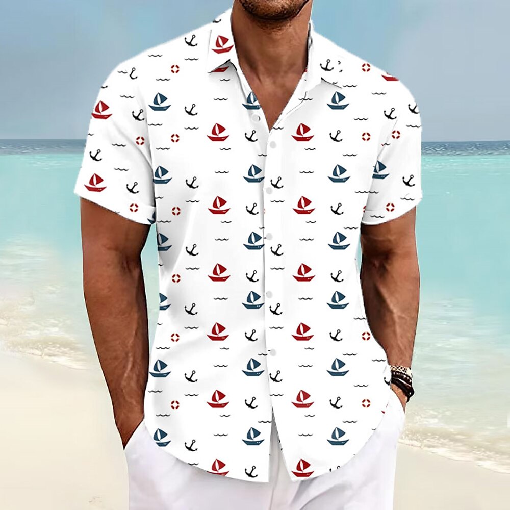 Herren Segelboot Hemd Hawaiihemd Sommerhemd Aloha-Shirt Kurzarm Hemd Umlegekragen Urlaub Hawaiianisch Outdoor Urlaub Hawaiianisch Weiß Blau Grün S M L Lightinthebox