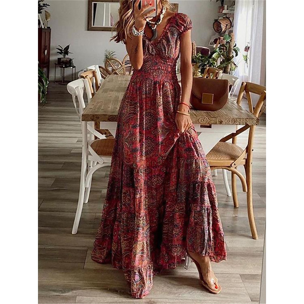 Damen Casual kleid Boho Chic Kleider Böhmen Ethnisch A-Linie Blumen Paisley-Muster kleid lang Kurzarm V Ausschnitt Bedruckt Lockere Passform Urlaub Strasse Festtage Wein Purpur Sommer Lightinthebox