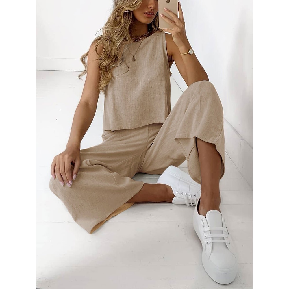 Loungewear-Sets für Damen, einfarbig, lässig, Baumwolle und Leinen, atmungsaktiv, Rundhalsausschnitt, ärmellose Hose, Sommer-Frühlings-Home-Outfits Lightinthebox