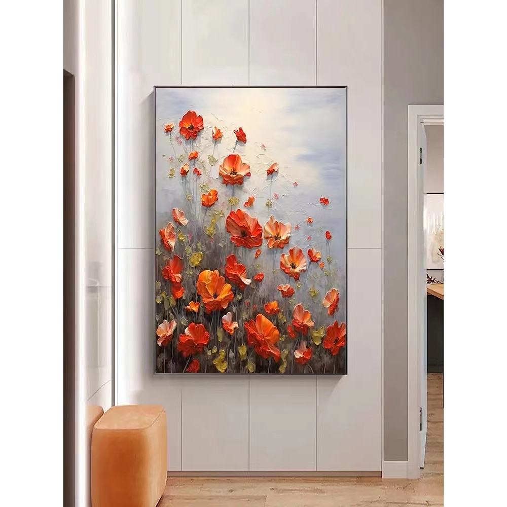 Rot-gelbe Mohnblumen-Leinwand-Kunst, handgemalte Mohnblumen-Feldbilder, wunderschöne Blumenfeld-Kunstwerke, Heimdekoration, gespannter Rahmen, fertig zum Aufhängen Lightinthebox