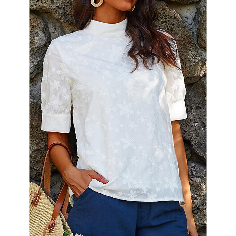 Damen Weiß Elegante Spitze Tops Augenschlitze Bluse Rollkragen Festliche Tops Luxuriöse Blumen Reguläre Tops Kurzarm Bestickt Reguläre Passform Urlaub Legere Romantische Petite Tops Sommer Lightinthebox