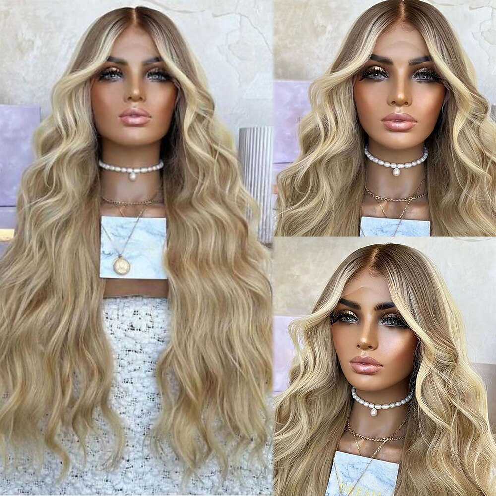 Remy Echthaar 13x4 Lace-Front-Perücke Mittelteil brasilianisches Haar gewellte blonde Perücke 130 % 150 % Dichte hervorgehoben / Balayage-Haar natürlicher Haaransatz vorgezupft für Frauen lange Lightinthebox