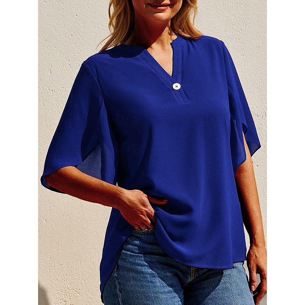 Damen Hemd Bluse Chiffon Täglich Wochenende Strassenmode Brautkleider schlicht Kurzarm V Ausschnitt Schwarz Sommer Frühling Lightinthebox