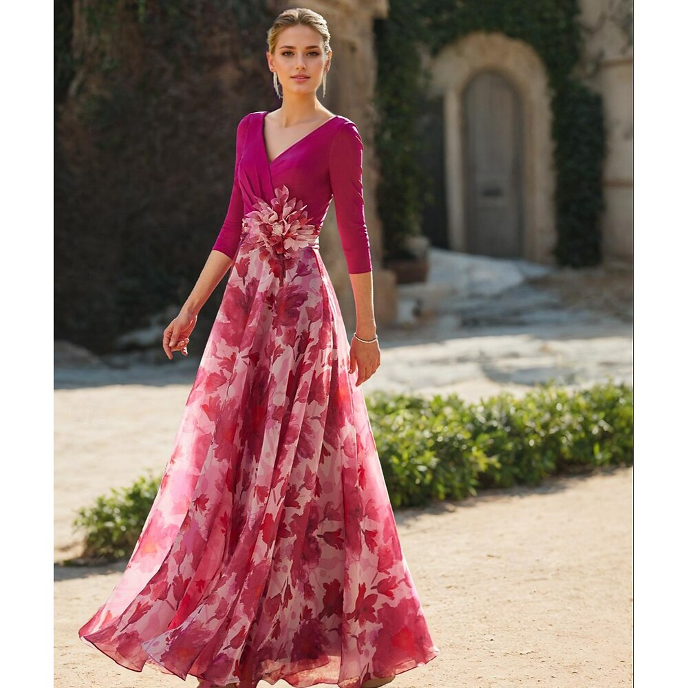 TS A-Linien-Kleid für die Mutter der Braut, formelle Hochzeitsgäste, eleganter V-Ausschnitt, bodenlang, Chiffon, 3/4-Ärmel mit Blume, 2024, kostenlose Sondergröße Lightinthebox