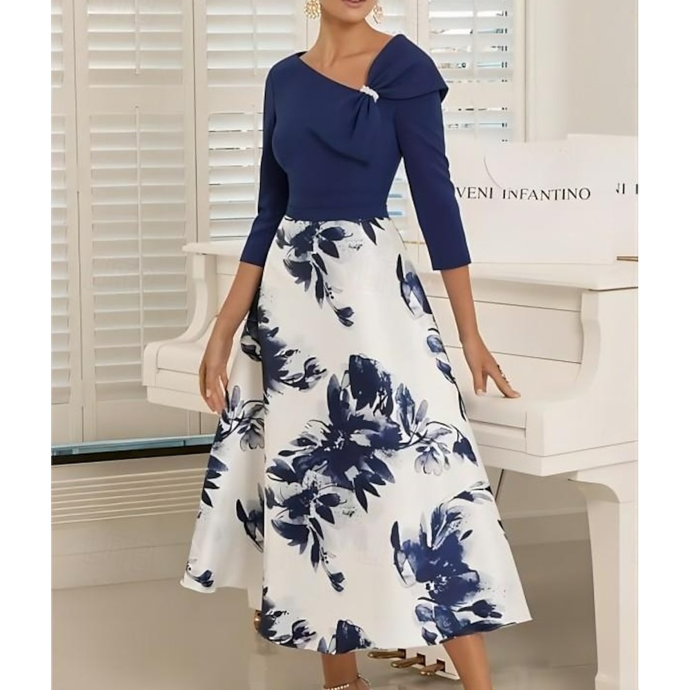 TS A-Linie Brautmutterkleid Hochzeitsgast Elegantes elegantes Kleid V-Hals Tee-Länge Stretch-Chiffon 3/4-Länge Ärmel mit Kristallbrosche Blume blau Hochzeitsgast Kleid Derby-Kleid 2025 Lightinthebox