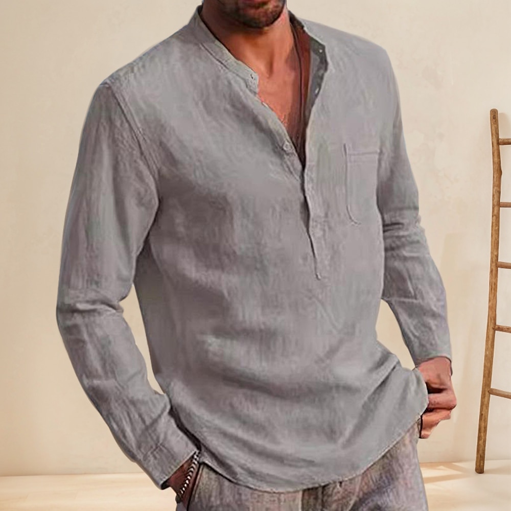 Herren Hemd leinenhemd Hemd aus Baumwollleinen Sommerhemd Strandhemd Henley Shirt Schwarz Weiß Wein Marineblau Blau Langarm Glatt Henley Hawaiianisch Festtage Button-Down Bekleidung Modisch Lightinthebox