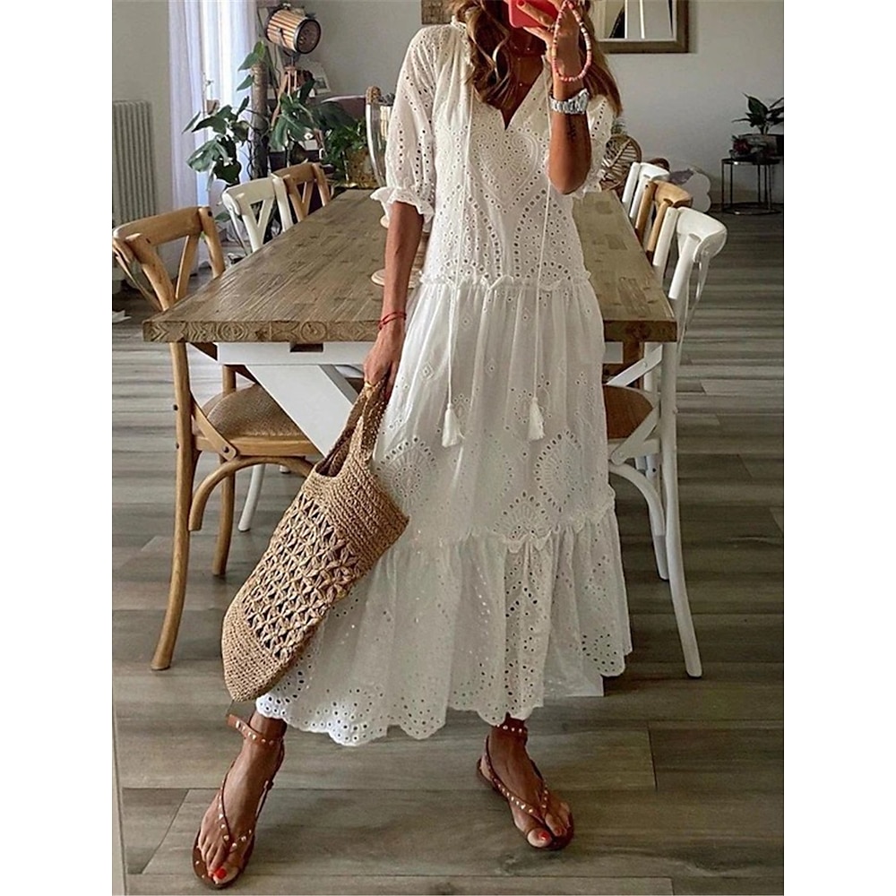 Maxikleid für Damen, Boho-Stil, Ösenspitze, weiß, V-Ausschnitt, halbe Ärmel, Sommer, Strand, lässig, Party, Stufenrock, leicht, entspannte Passform, Übergrößenmode Lightinthebox