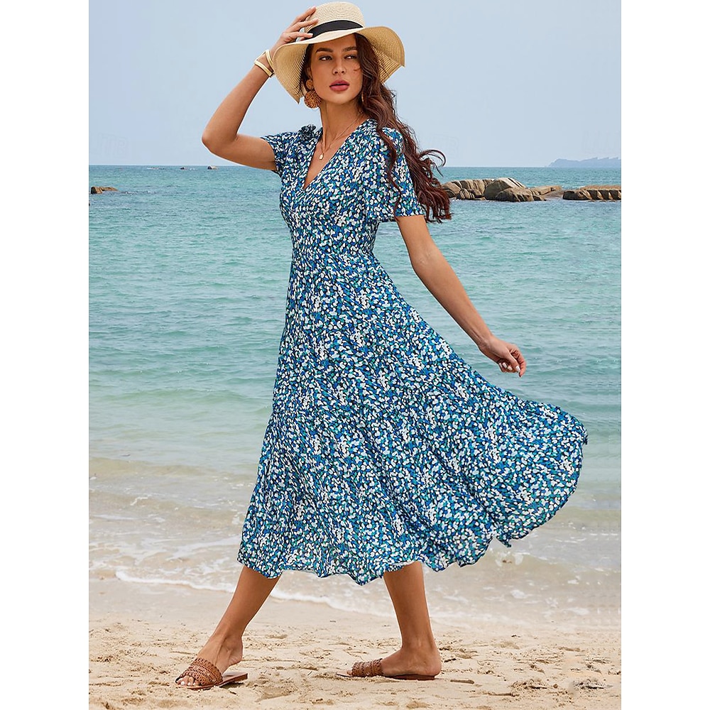 Mittellanges Kleid für Damen, kurze Ärmel, V-Ausschnitt, Blumendruck, Bohème-Stil, bequeme Strandurlaubskleidung, blau-weiß, Sommer-/Frühlingskleidung Lightinthebox