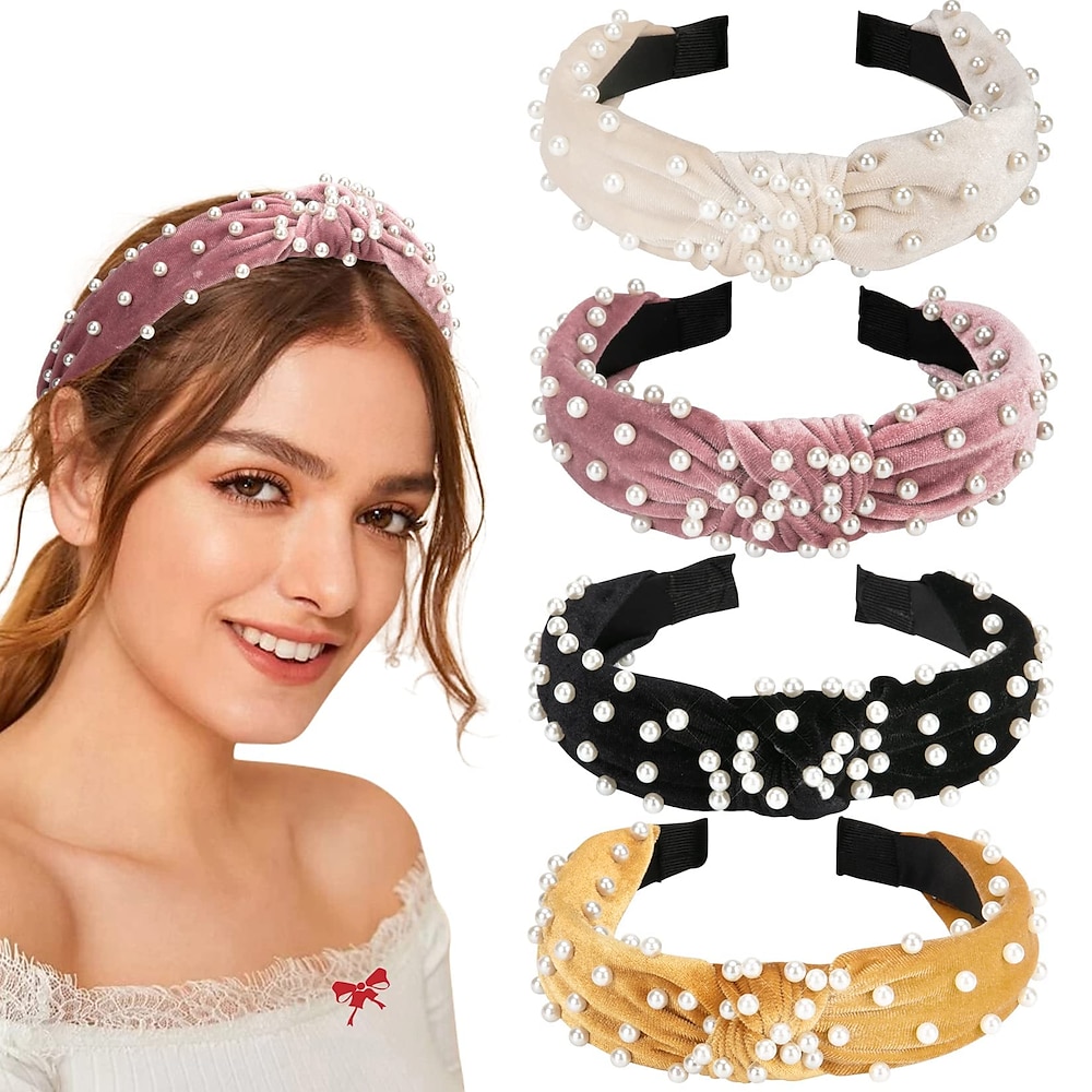 Perlen-Stirnbänder für Frauen, Perlen-Stirnband, rutschfeste, breite Haarbänder mit Knoten, schwarz-weiß-roségoldenes Stirnband mit Perlen, Haarschmuck für Frauen und Mädchen, tägliche Lightinthebox