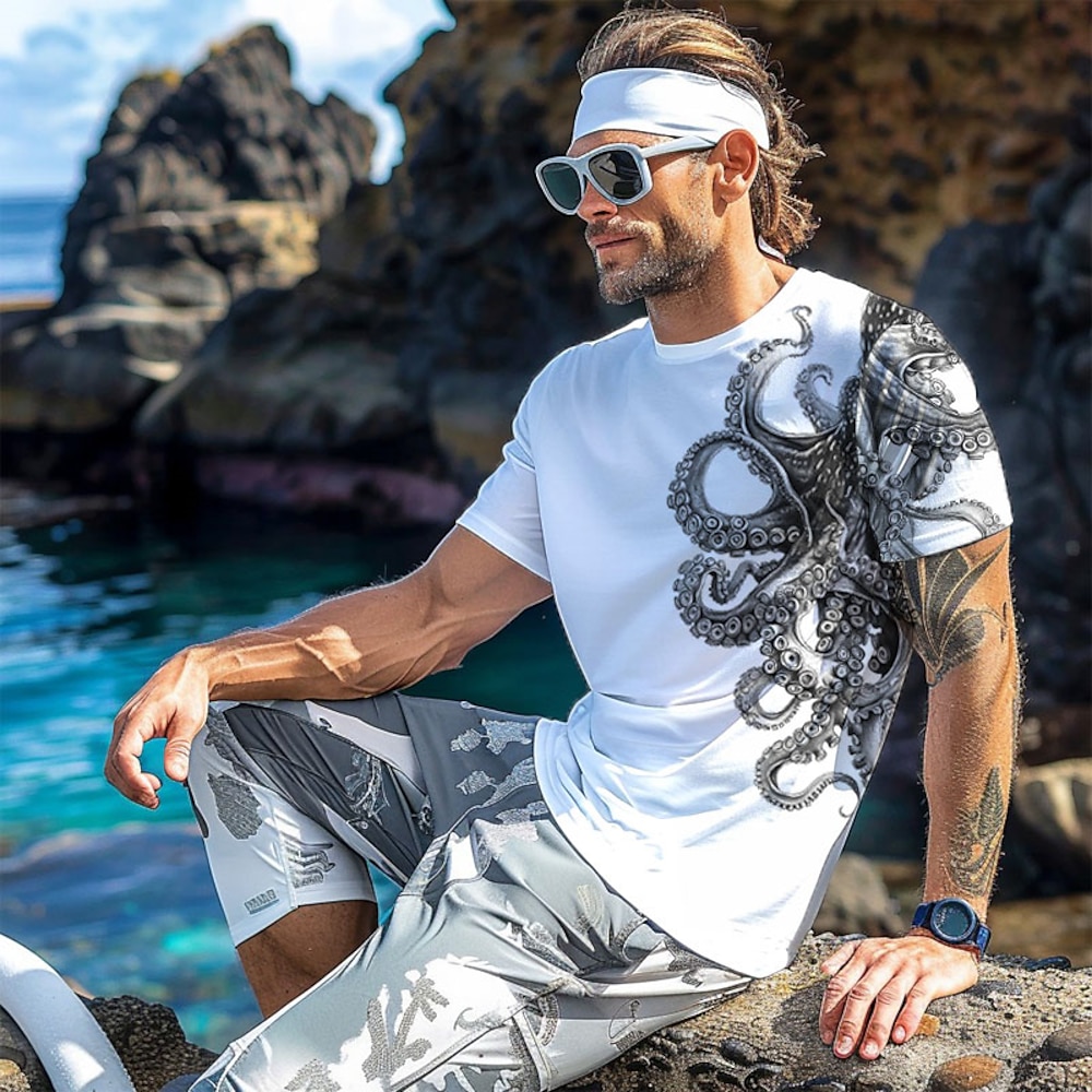 Herren Tier Oktopus T Shirt Kurzarm T-Shirt 3D-Druck Rundhalsausschnitt Hemd Urlaub Brautkleider schlicht Resort-Stil Sports Outdoor Festtage Ausgehen Weiß Blau Khaki Frühling Sommer Bekleidung S M L Lightinthebox