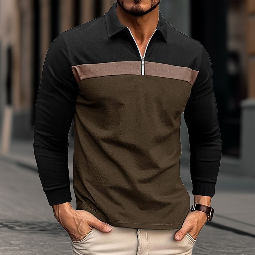 Herren Poloshirt mit Viertelreißverschluss Poloshirt aus Baumwolle Täglich Festtage Viertel Postleitzahl Langarm Modisch Modern Farbblock Patchwork Frühling Herbst Regular Fit Weiß Wein Königliches Lightinthebox