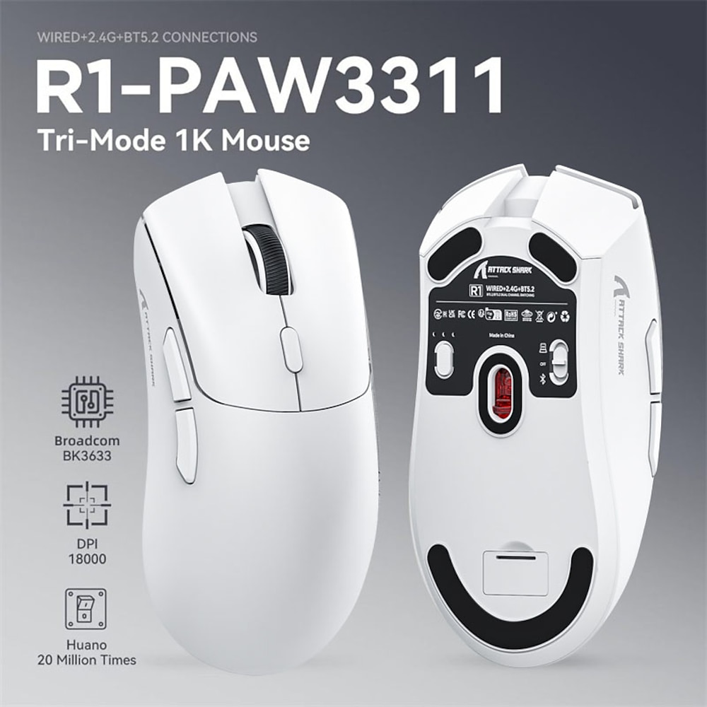 Attack Shark R1 18000 dpi kabellose Maus, 1000 Hz Tri-Mode-Verbindung, Paw3311 Makro-Gaming-Maus Lightinthebox