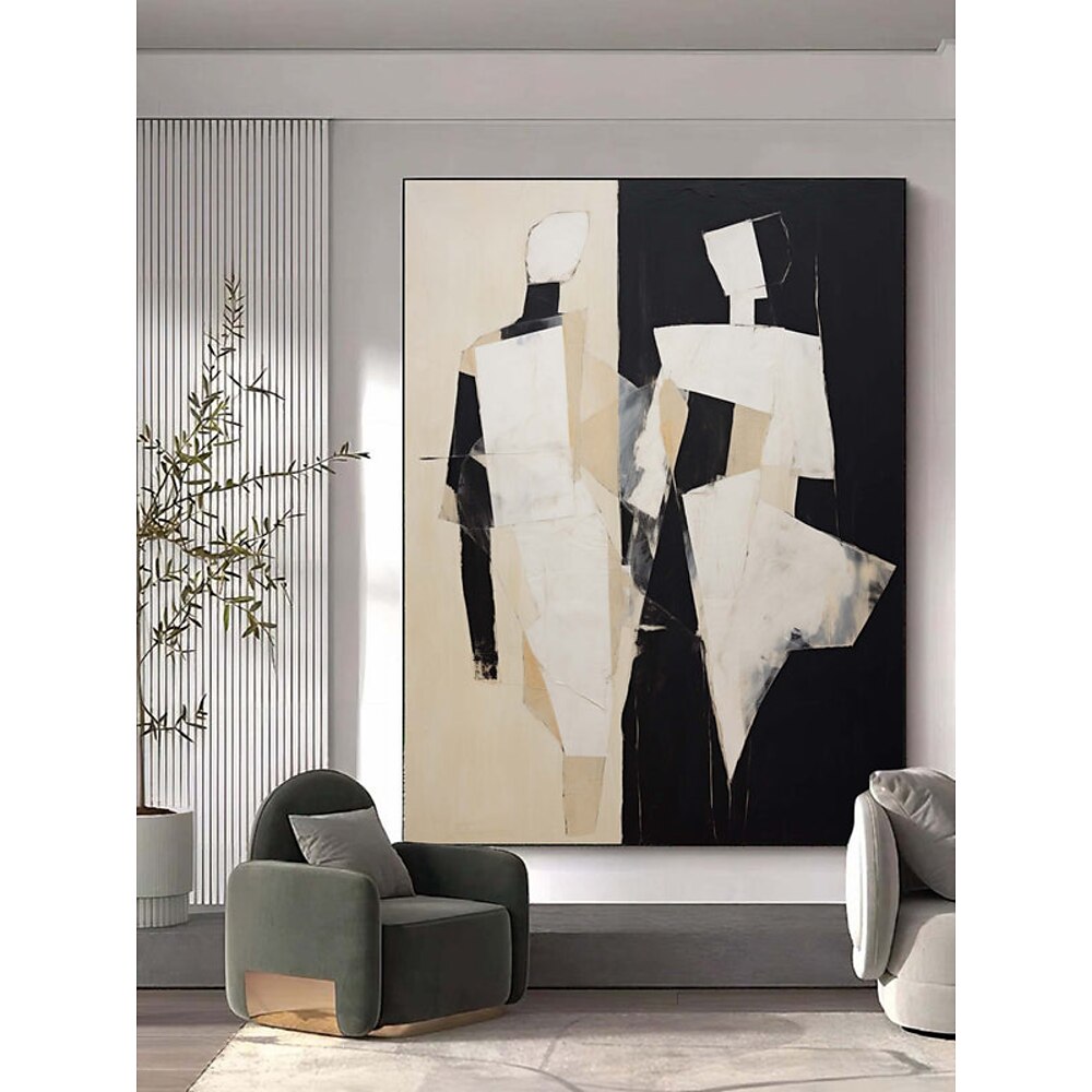 Schwarzes und beiges abstraktes Kunstgemälde, handgefertigt, schwarz und beige, minimalistische, handgemalte Wandkunst, abstrakte Figur, Leinwandgemälde, Kunst, abstrakte Menschen, Ölgemälde, moderne Lightinthebox