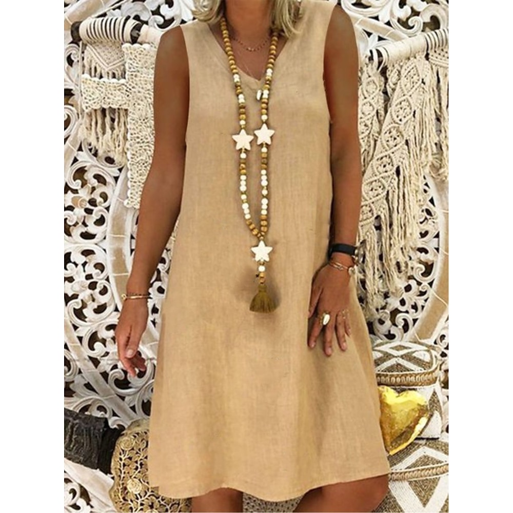 Damen Leinenkleid ärmellos Rundhals neutrale Farbe knielang lässig lockere Passform Sommermode Boho Sommerkleid Übergröße beige hellbraun Lightinthebox