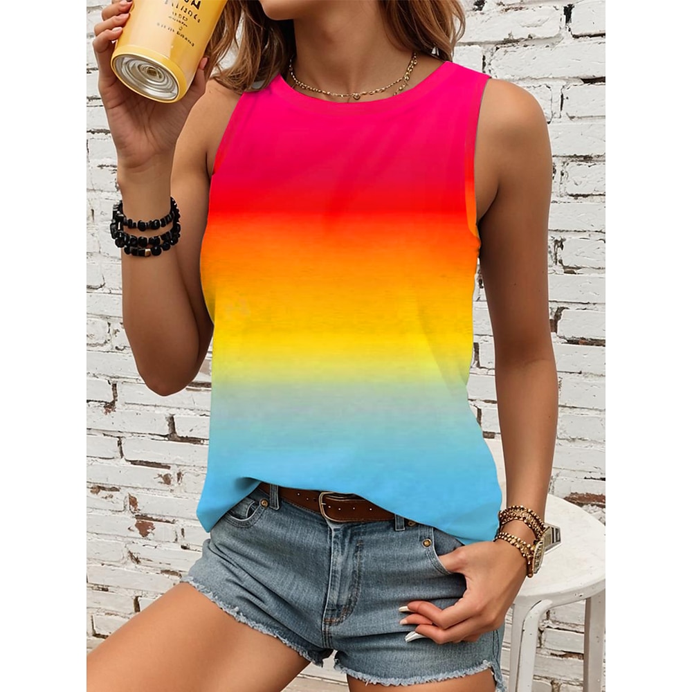 Tanktop für Damen, stilvoller Ombre-Druck, ärmellos, normale Oberteile, Rundhalsausschnitt, Urlaub, lässig, Rosa, Himmelblau, Khaki, Regenbogen, Sommer Lightinthebox