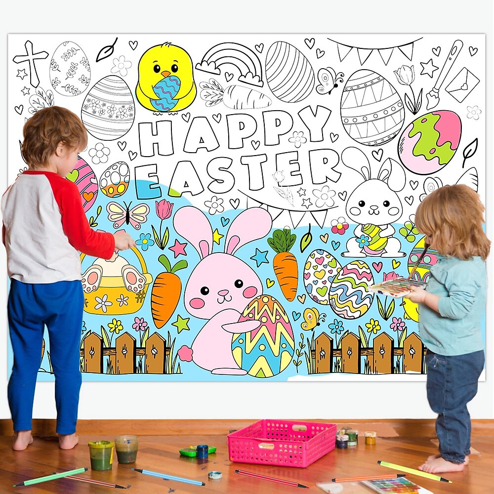Oster-Tischdecke zum Ausmalen, Tischläufer zum Ausmalen mit 12 Pinseln, Osterhasen-Aktivitäten, Osterhasen-Poster, Osterhasen-Banner für Ostern, Partygeschenke, Schulklasse, Familie Lightinthebox