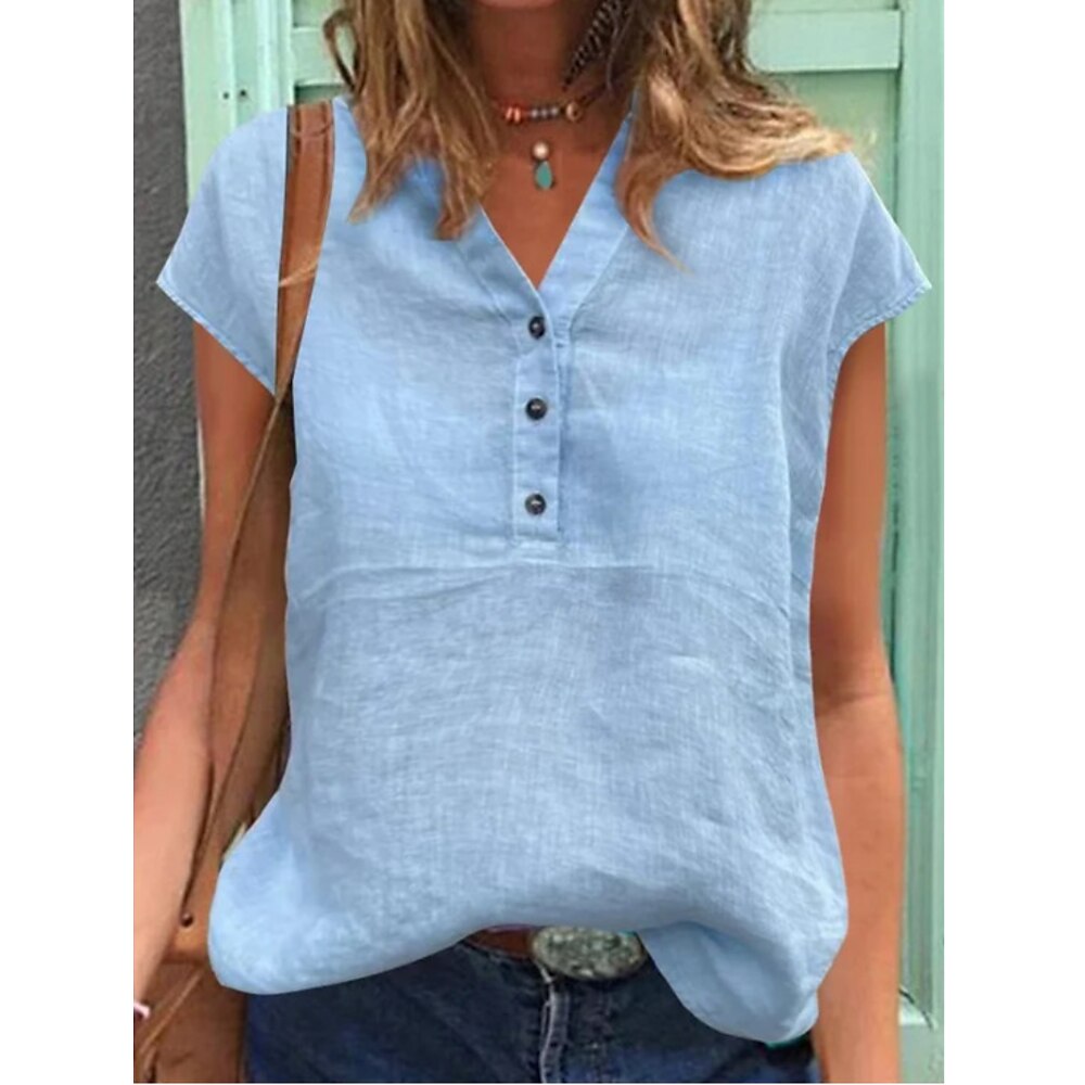 Damen Hemd Hemd aus Baumwollleinen Bluse Lange Baumwolltops Glatt Modisch V Ausschnitt Strasse Täglich Knopf Weiß Grau Leicht Blau Sommer Lightinthebox